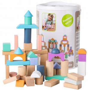 Cuburi de Lemn in Galeata, EcoToys, 100 bucati + Capac Sortator