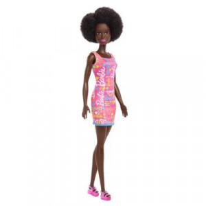Papusa Barbie Bruneta cu par afro si rochita roz 3 ani+