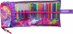 Penar Roll-Up, Mitama, Echipat cu Pixuri, Carioci si Lipiciuri Colorate Glitter ,24 Instrumente de Scris si Colorat Glitter + 1 Penar Borseta, Mov