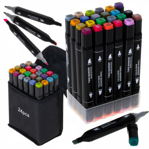 Set 24 markere cu alcool, Cu 2 varfuri, Include husa si suport, Multicolor