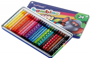 Creioane Cerate Colorate, Bambino, din Lut de Caolin, in Cutie Metalica, 24 Culori