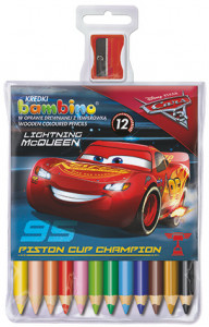 Creioane Colorate Bambino, cu Mina Groasa 5.4 mm, 12 Culori + Ascutitoare, Colectia Cars