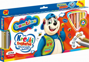 Creioane Colorate Triunghiulare Jumbo, Bambino, din Lemn, 24 Culori + Ascutitoare Metalica