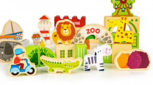 Cuburi de Lemn, EcoToys, City Zoo 123 Piese Colorate