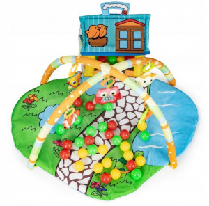 Covoras tip Paturica Educativa pentru Bebelusi, Ecotoys, cu Casuta, Jucarii si 30 Mingi Colorate, 0 +