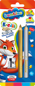Creioane Color Jumbo, Bambino, din Lemn, Auriu si Argintiu + Ascutitoare Metalica