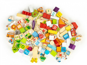 Cuburi de Lemn, EcoToys, City Zoo 123 Piese Colorate