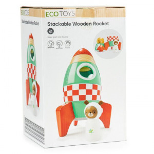 Racheta din Lemn, Ecotoys, 6 Piese + Cosmonaut