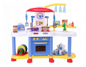 Bucatarie Multifunctionala pentru copii, Malplay, cu sunete, lumini, Chiuveta cu apa, Hota, Cuptor si accesorii, 61 cm