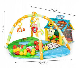 Covoras tip Paturica Educativa pentru Bebelusi, Ecotoys, cu Casuta, Jucarii si 30 Mingi Colorate, 0 +