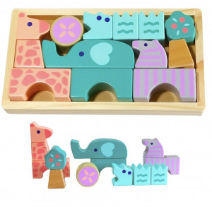 Cuburi de Lemn, Animale Colorate, EcoToys, 13 pcs