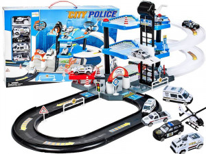 Garaj de Politie MalPlay, cu 4 masinute ,1 elicopter, pista 2 nivele