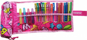 Penar Roll-Up, Mitama, Echipat cu Pixuri, Carioci si Lipiciuri Colorate Glitter ,24 Instrumente de Scris si Colorat Glitter + 1 Penar Borseta, Roz
