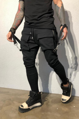 Pantaloni de Trening Barbati Slim Fit Negri Cu Buzunare Aplicate Si Bretele M1002