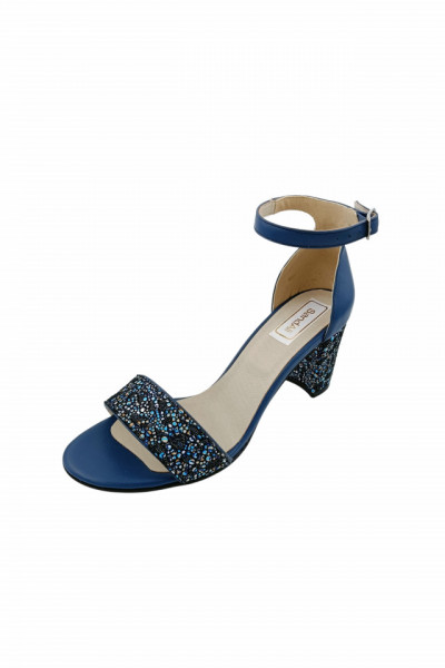 Sandale dama, piele naturala, toc mediu gros, albastru cu flori albastre