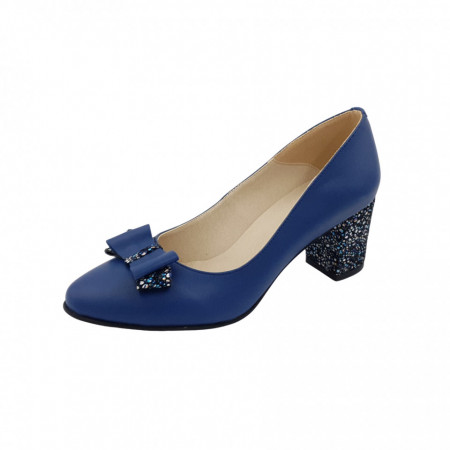 Pantofi dama, SandAli, piele naturala, toc gros imbracat, funda, albastru cu flori albastre
