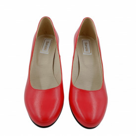 Pantofi dama, SandAli, piele naturala, toc mediu gros imbracat, rosu cu linii colorate