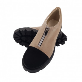 Pantofi dama, SandAli, piele naturala velur, cu fermoar, talpa usoara, crampoane, bej, negru