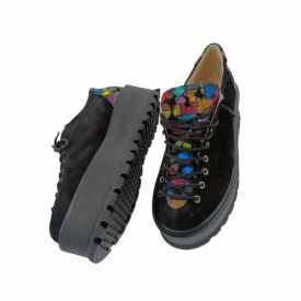 Pantofi oxford dama, SandAli, piele naturala velur, talpa inalta, negru, buline colorate