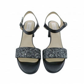 Sandale dama, piele naturala, toc mediu gros, barete, cu glitter argintiu, negru