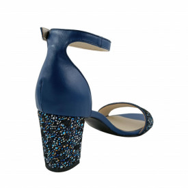 Sandale dama, piele naturala, toc mediu gros, imprimeu de flori albastre, albastru