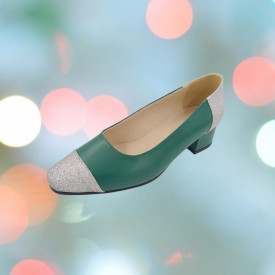 Pantofi dama, SandAli, piele naturala box, toc gros, varf migdalat, glitter argintiu, verde