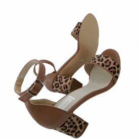 Sandale dama, piele naturala, toc mediu gros, bej inchis cu leopard