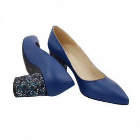 Pantofi dama, SandAli, stiletto, piele naturala, toc gros imbracat, albastru cu flori albastre