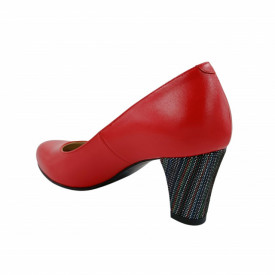 Pantofi dama, SandAli, piele naturala, toc mediu gros imbracat, rosu cu linii colorate