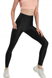 Colanti luciosi, modelatori, cu buzunare, talie inalta, Black