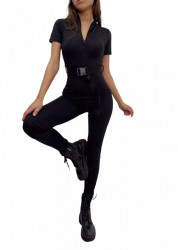 Salopeta dama lucioasa, sport, lycra, neagra, cu maneca scurta