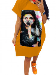Rochie din bumbac, galbena, casual sport, imprimeu- Makeup Girl
