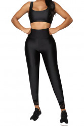 Colanti luciosi, cu dantela, lycra, lungi, talie inalta, Black, Super Glossy
