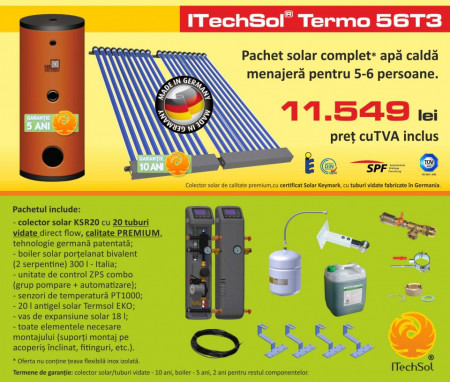 Pachet solar (kit) complet apa calda menajera pentru 5-6 persoane - calitate PREMIUM (ITechSol® Termo 56T3)