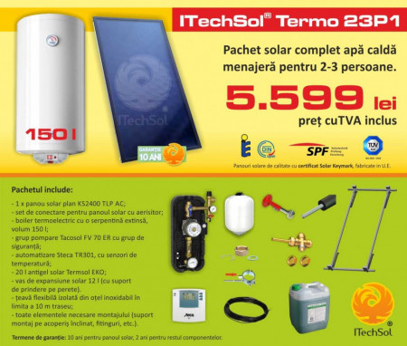 Pachet solar (kit) complet Casa Verde pentru apa calda menajera pentru 2-3 persoane, 150 litri (ITechSol® Termo 23P1)