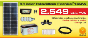 Kit (sistem) solar fotovoltaic ITechSol® 150W pentru iluminat si alimentare TV, receiver satelit pe 12V