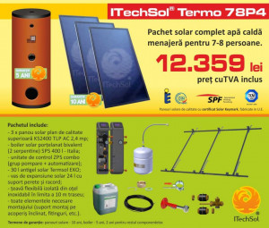 Pachet solar (kit) complet apa calda menajera pentru 7-8 persoane, 400 litri (ITechSol® Termo 78P4)