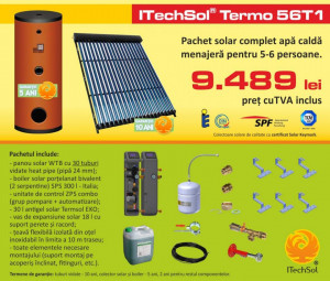 Pachet solar (kit) complet apa calda menajera pentru 5-6 persoane (ITechSol® Termo 56T1)