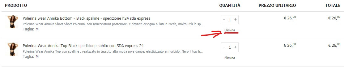 elimina articoli ecommerce shopping