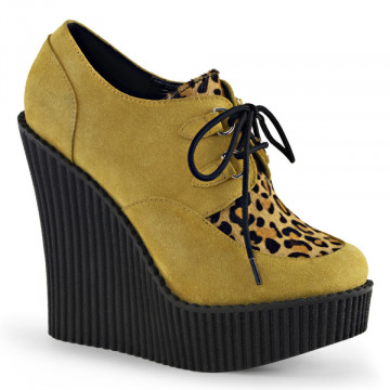 Demonia CREEPER-304 Mustard Vegan Suede-Leopard Printed Ponly Hair