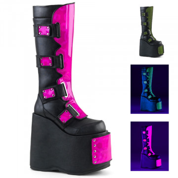 Demonia SLAY-310 Blk Vegan Leather-Neon Pink Hologram-Neon Lime Fishnet