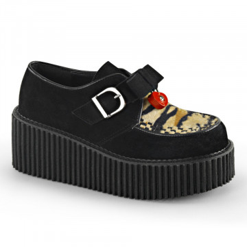 Demonia CREEPER-213 Blk Vegan Suede-Tiger Print Faux Fur