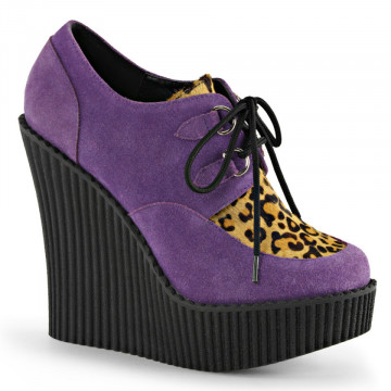 Demonia CREEPER-304 Purple Vegan Suede-Leopard Printed Pony Hair