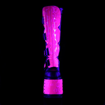 Demonia SLAY-310 Blk Vegan Leather-Neon Pink Hologram-Neon Lime Fishnet