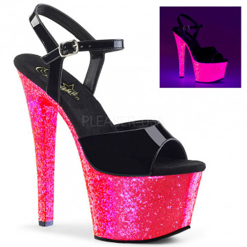 Pleaser SKY-309UVLG Blk Pat/Neon H. Pink Glitter