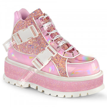 Demonia SLACKER-50 B. Pink Holographic Pat-Pink Multi Glitter