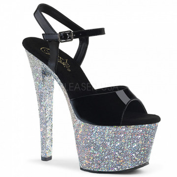 Pleaser SKY-309LG Blk Pat/Slv Multi Glitter
