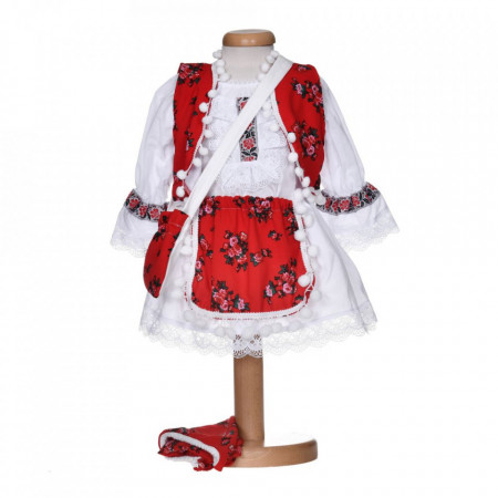 Costum traditional botez pentru fetite, 5 piese, broderie rosie, Denikos® 1026
