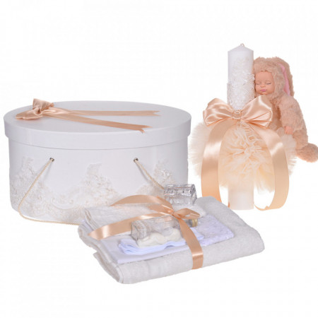 Set elegant trusou botez, cutie trusou si lumanare iepuras pufos, dantela si fundite, decor Crem, Denikos® 932