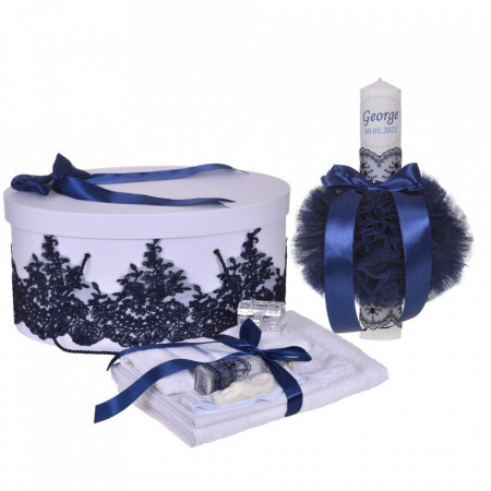 Set elegant trusou botez, cutie trusou si lumanare personalizata cu nume, decor dantela Bleumarin, Denikos® 936